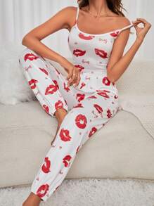 Women's Lip Print Cami Pajama Set - Multicolor - View 3