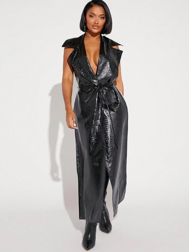 Patent Backless Belted Trench Coat