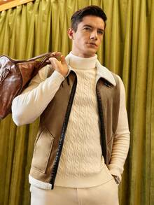 GENTILAND 寬鬆版型男士泰迪絨內裡無袖拉鍊外套 - 卡其色 - 查看 3