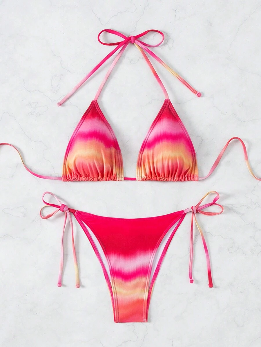 Summer Gradient Tie Knot Side Bikini Set - Multicolor - View 1