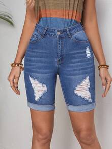 SHEIN LUNE 女士破洞牛仔短褲 - 藍色 - 查看 6
