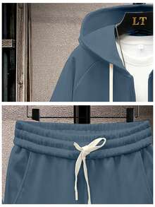 男士休閑字母印花拉鍊前開衫和慢跑運動長褲套裝,多功能 - 藍色 - 查看 3