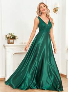 BluePlum Women's High-Quality Sequin Taffeta Contrast V-Neck Sleeveless Fitted Cocktail Formal Evening Gown Dress, Elegant And Noble Design, Suitable For Formal Events, Mothers Party Dress Wedding Guest Dress - Dark Green - View 4