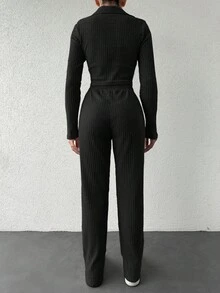 SHEIN Cottnline Women's V-Neck Long Sleeve Top And Pants Set - Black - View 2