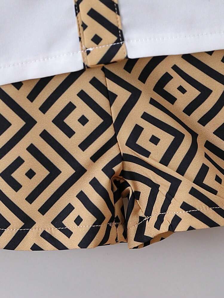 Baby Boy'S Geometric Print Stand Collar Short Sleeve Shirt And Shorts Set