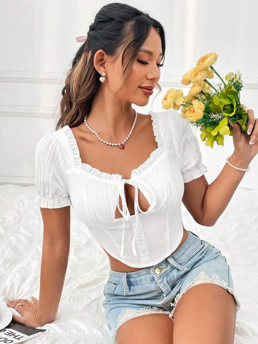 SHEIN Unity Women's Hollow Out Shirt With Frill Edges - White - View 1