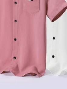 SHEIN 2入組鬆身休閒立領短袖襯衫,帶有口袋,適用於青少年男孩