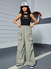 Teenage Girls' Woven Solid Color Casual Wide Leg Pants With Pockets - Green - View 7