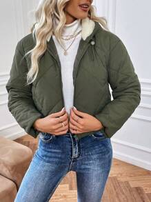 SHEIN LUNE Manteau rembourré matelassé isolé à capuche avec fermeture éclair de couleur unie, avec cordon de serrage, pour l'hiver - Militaire verte - Voir 6