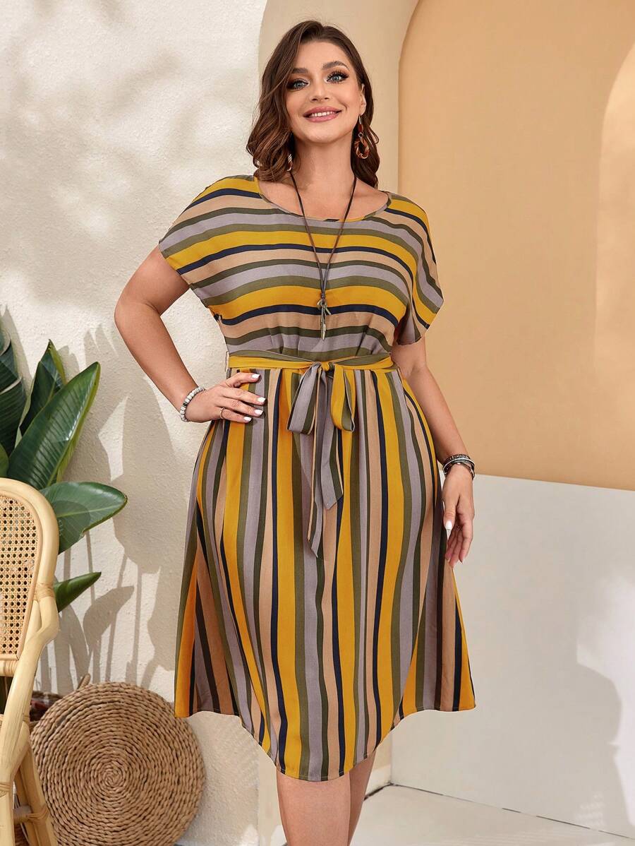 EMERY ROSE Plus Size Women'S Striped Belted Dress For Spring - Multicolor - View 1