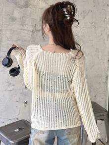 DAZY 女式中空圓領毛衣 - 白色 - 查看 7