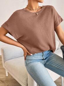 SHEIN Essnce Women's Back Cross Open Back Batwing Sleeve T-Shirt - Khaki - View 3