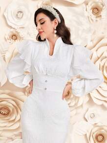 Modelyn Women'S Lantern Sleeve Dress With Ruffle Hem Detail - White - View 6