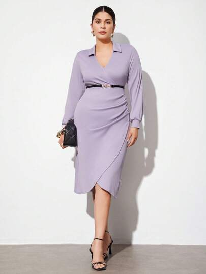 BizChic 大尺碼女士交叉前翻領裙褶邊禮服，婚禮客人穿著