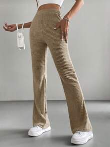 SHEIN EZwear Solid Color High Waist Trousers - Khaki - View 5