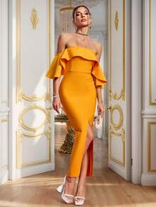 Women's Orange Wave Ruffles Off-Shoulder Front Slit Maxi Evening Dress With Asymmetric Hem - Orange - View 3