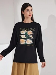 Mulvari 女士花卉和字母印花t恤 - 黑色 - 查看 5