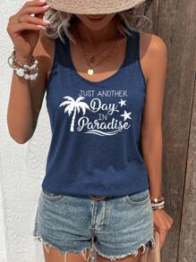 INAWLY Women's Coconut Tree Slogan Print Tank Top JUST ANOTHER Day IN Paradise