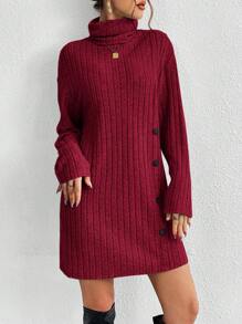 SHEIN Essnce Vestido De Punto Ajustado De Cuello Alto Tejido De Costilla De Color Liso Para Mujeres Con Detalles De Botón - Burdeos - Ver 1
