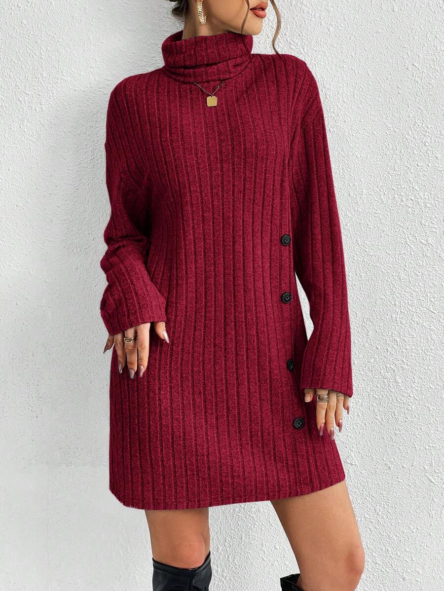 SHEIN Essnce Vestido De Punto Ajustado De Cuello Alto Tejido De Costilla De Color Liso Para Mujeres Con Detalles De Botón - Burdeos - Ver 1