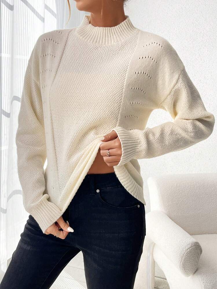 Women's Stand Collar Drop Shoulder Long Sleeve Sweater, Knit Pullover Fall Winter