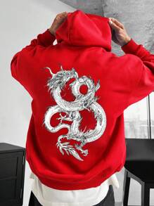 Manfinity EMRG Loose Fit Men's Dragon Print Hoodie With Drawstring And Thermal Lined - Red - View 1