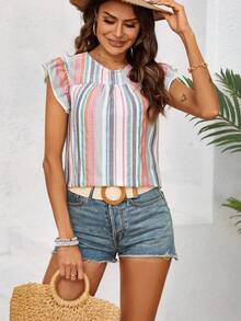 SHEIN LUNE 裝飾邊框條紋荷葉邊襯衫 - 彩色 - 查看 3