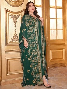 Robe arabe longue à manches chauve-souris modeste avec broderie florale appliquée et colorbloc pour femmes grandes tailles (broderie aléatoire, coupe aléatoire), caftan