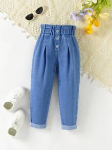 SHEIN Vintaside Kids Jeans skinny pour filles avec taille élastique évasée et poignets resserrés