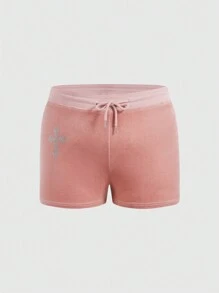ROMWE Grunge Punk Kích thước lớn Vượt qua Pha lê Trang trí Eo dây rút Quần short - Hồng - Xem 1