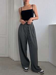 Dazy Designer Pantalones casuales sueltos de unicolor con diseño de cordón elástico en la cintura, pantalones holgados para mujeres, ropa de mujer para otoño