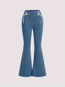 SHEIN MOD Vintage Elastic Sweetheart Neckline Denim Skinny Flared Jeans With Tie For Women - Medium Wash - View 1
