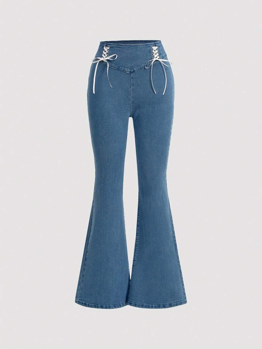 SHEIN MOD Vintage Elastic Sweetheart Neckline Denim Skinny Flared Jeans With Tie For Women - Medium Wash - View 1