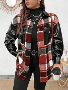 Calvaya Plus Plaid Print Drop Shoulder Jacket - Red - View 6