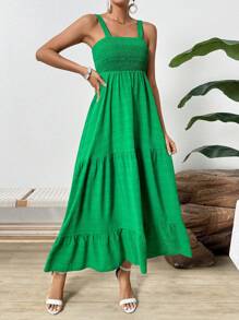 SHEIN VCAY Của phụ nữ Nếp uốn Xù Hoa Sen Váy Dây - màu xanh lá - Xem 1