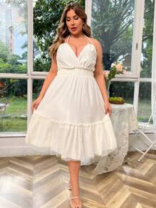 Flirla Vestido De Talla Grande Con Cuello Halter Y Cintura Con Lazo Para Mujeres - Albaricoque - Ver 1