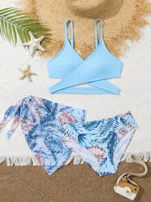 Tween Girl 3-Piece Bikini Set With Botanical Print And Ruffle Trim, Lock Edge Summer Beach - Multicolor - View 1