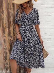 SHEIN LUNE 女士花卉印花荷葉邊袖子裙 - 藏蓝色 - 查看 5