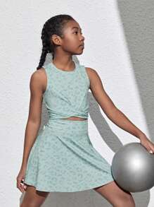 SHEIN Zestaw dla dziewczynek z kamizelką z krzyżowym tyłem i spodenkami anty-lighting, spódnicą i nadrukiem w panterkę (z kieszeniami) - Wielokolorowe - Zobacz 4