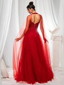 VIPGIRL 奢华裸色两件套 A 字形多层薄纱礼服，搭配串珠斗篷和高开衩优雅派对礼服 - 紅色 - 查看 2