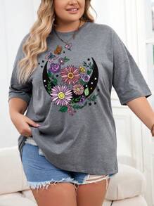 SHEIN Slayr 大码月亮与花朵印花夏季 T 恤