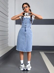 SHEIN EZwear Vestido De Peto Vaquero Con Bolsillos Para Mujer - Lavado ligero - Ver 1