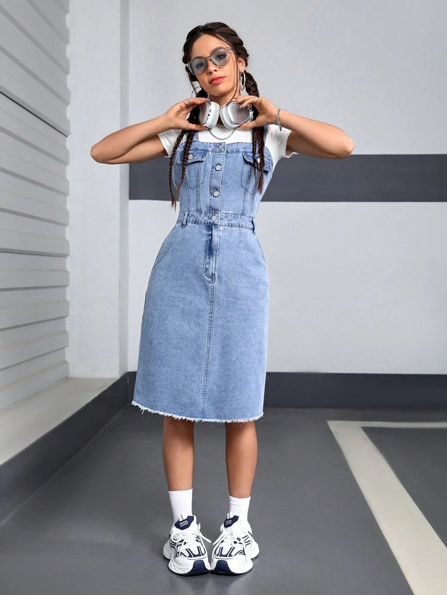 SHEIN EZwear Vestido De Peto Vaquero Con Bolsillos Para Mujer - Lavado ligero - Ver 1