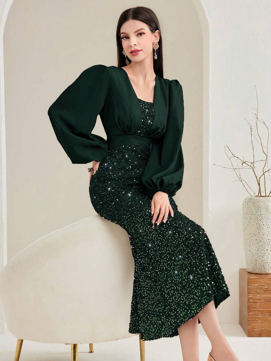 Modelyn Women'S Sequin Detailed Patchwork Lantern Sleeve Mermaid Dress - Dark Green - View 1