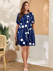 EMERY ROSE Plus Size Women'S Printed Loose Fit Pocket Casual Short Sleeve Two-Piece For Spring,Flower/Summer/Vacation - Blue and White - View 4