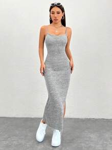SHEIN PETITE Của phụ nữ Bên Khe Dây đeo Mì Ý  Đầm - Xám - Xem 1