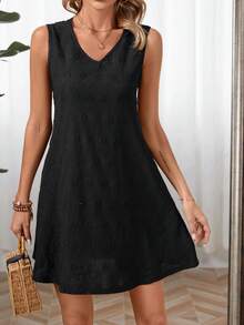 SHEIN LUNE Solid Texture Sleeveless Dress - Black - View 6