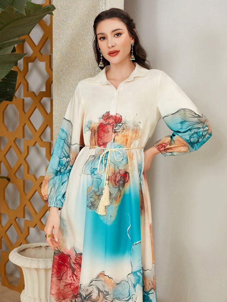 Women's Printed Quarter Button Lantern Sleeve Dress Long Evening Dresses