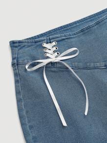 SHEIN MOD Vintage Elastic Sweetheart Neckline Denim Skinny Flared Jeans With Tie For Women - Medium Wash - View 3