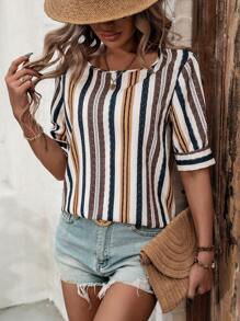 SHEIN LUNE Women'S Striped Square Collar Shirt - White - View 4